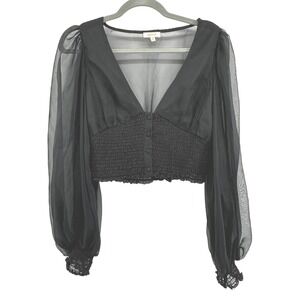 Upeach Y2K Babydoll Sheer Puff Sleeve Smocked Crop Top Flirty  Black Size M NYE
